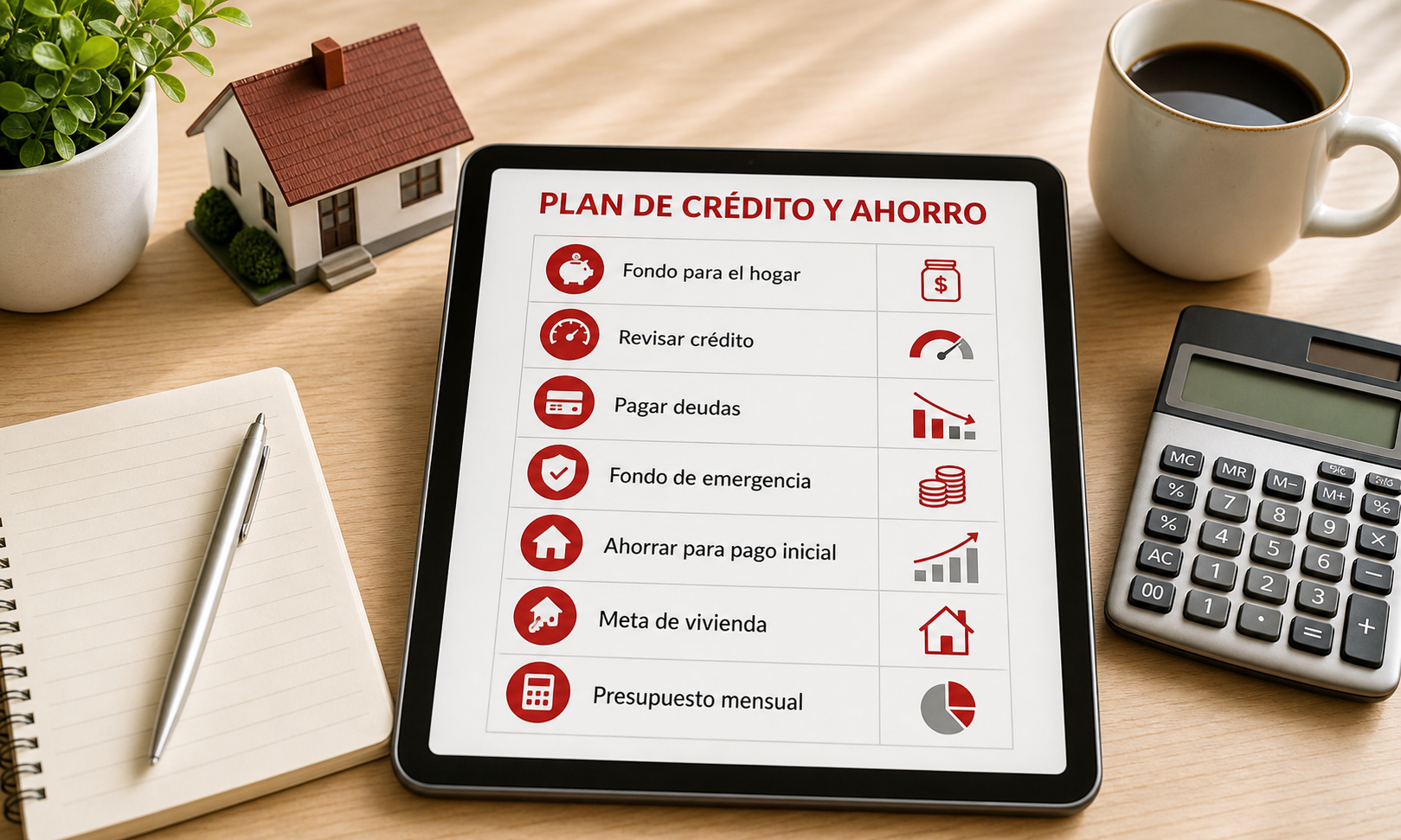 Bodegón de planificación de crédito y ahorro para compradores de vivienda por primera vez