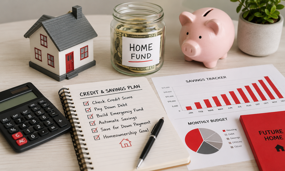 Credit and savings planning still life for first-time homebuyers