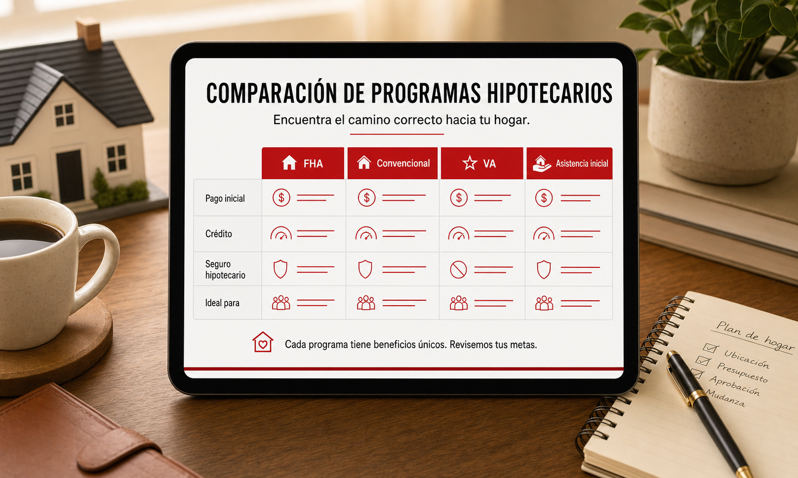 Tablero comparativo de préstamos hipotecarios que muestra opciones comunes para compradores primerizos