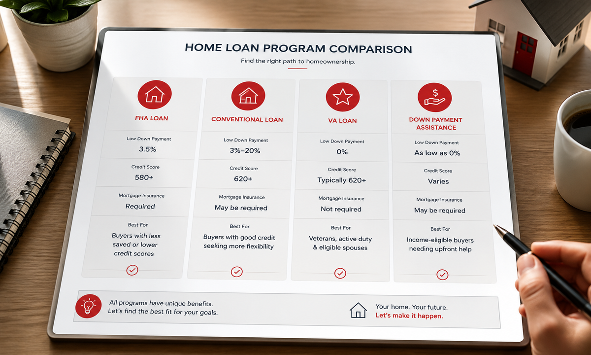 Home loan program comparison board showing common first-time buyer options